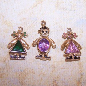 Trio of Sterling Silver Vermeil Enamel Rhinestone Children Charms or Pendants